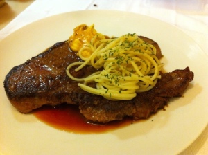 Home Style Pan Grilled Steak with Spaghetti in Extra Virgin Olive Oil and Parsley with Natural Jus