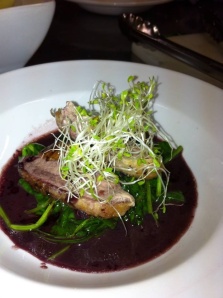 Roast Duck in Cherry Wine Jus with Watercress, Spinach and Alfalfa