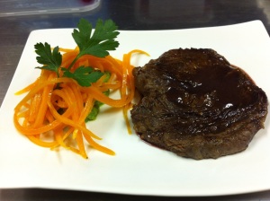 French Style Scotch Fillet in Red Wine Jus with Buttered Carrots and Parsley